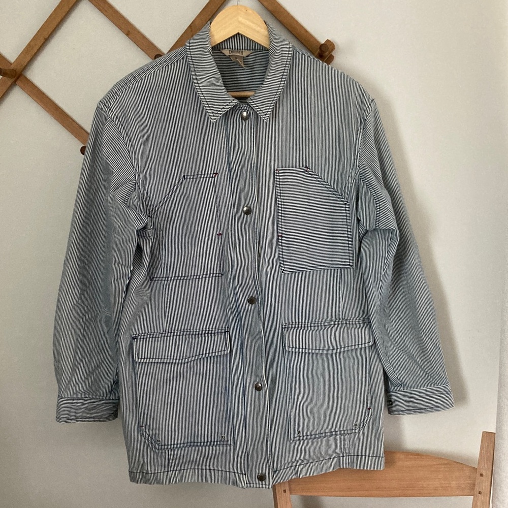 Duluth Trading Co Striped Chore Jacket in Light Blue and White